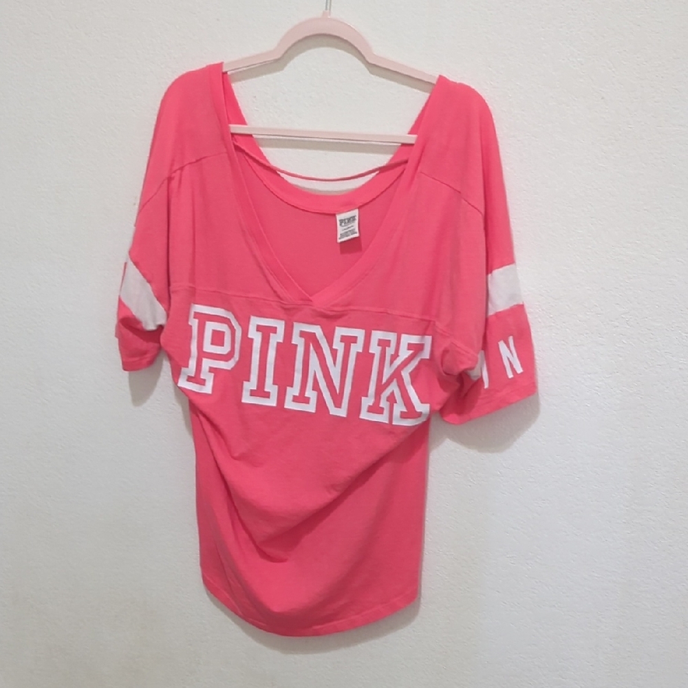 PINK Victoria's Secret V-Neck Jersey - Pink and White